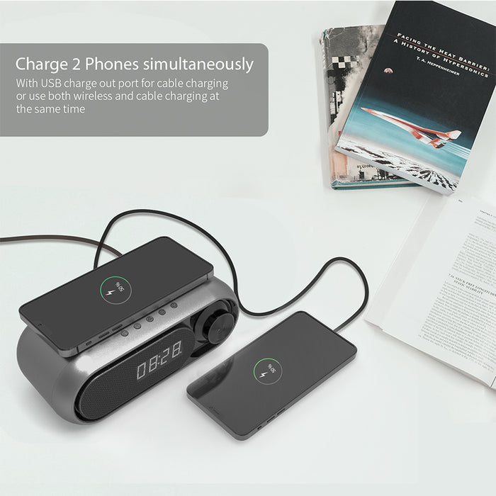 Wecker mit kabellosem Aufladen, UKW-Radio, Bluetooth-Lautsprecher für iPhone und Android-Telefon am Bett