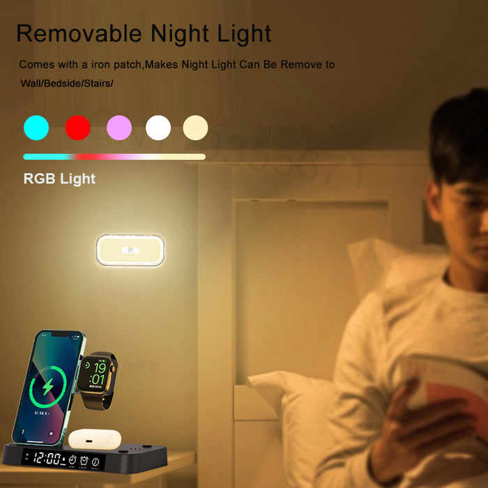 5 in 1 Fast Wireless Charging Station Night Light with Alarm Clock for iPhone Apple Watch and Airpods 2/3/Pro