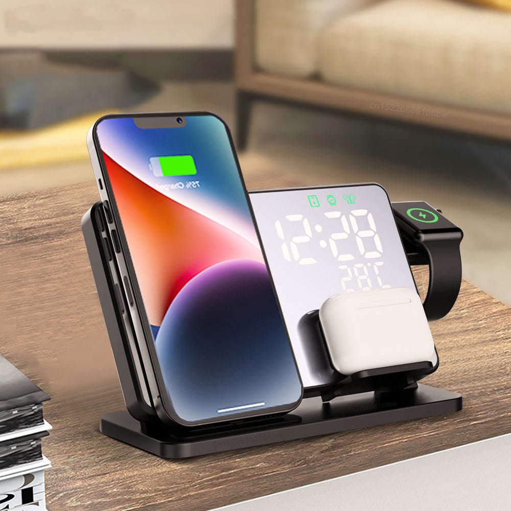 Station de charge sans fil 6 en 1 avec affichage de la température du réveil pour iPhone et Apple Watch et Airpods 2/3/Pro