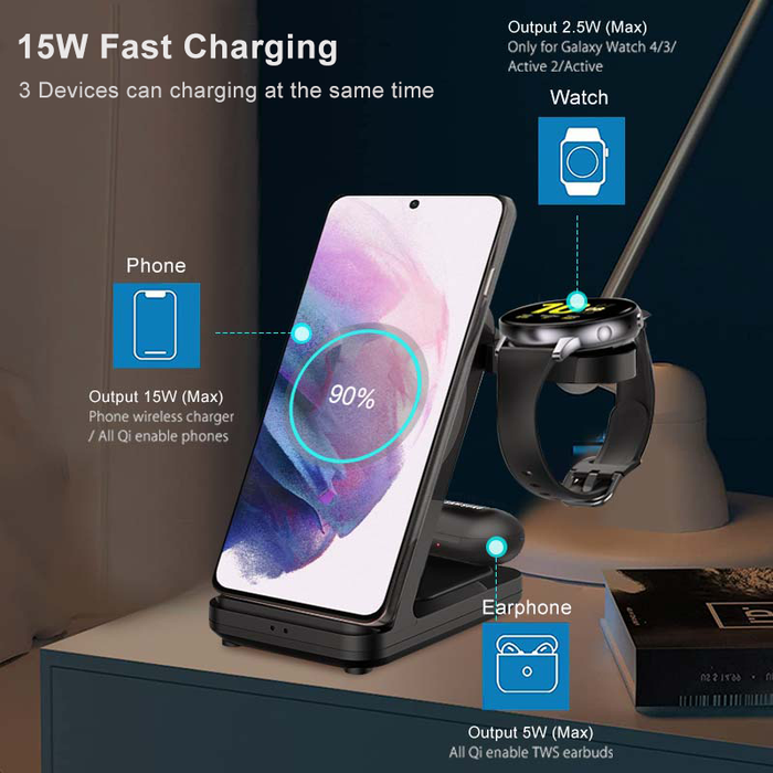 Station de charge sans fil 3 en 1 pour téléphone Samsung Galaxy et Galaxy Watch 3/4, Active 1/2, Galaxy Buds