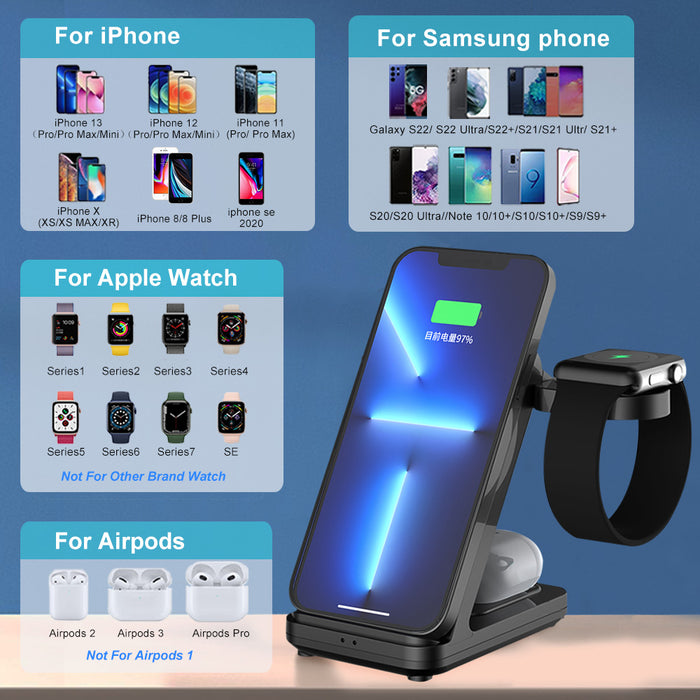 Station de charge sans fil 3 en 1 pour iPhone XS 11 12 Mini Pro Max Apple Watch 7 SE 6 5 4 3 2 et AirPods 2 3 Pro