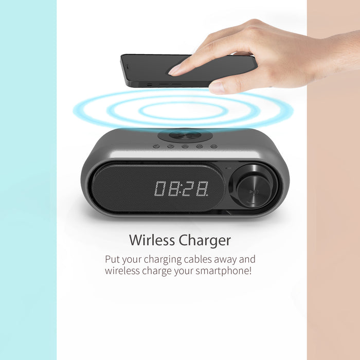 Réveil avec radio FM de charge sans fil Haut-parleur Bluetooth pour iPhone et téléphone Android Bedside Home
