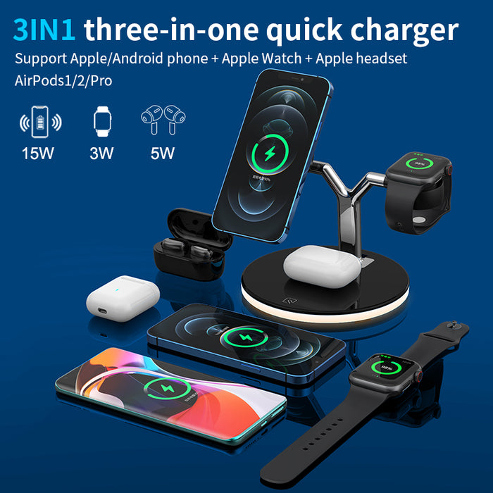 3 in 1 Wireless Charger with MagSafe Night Light Station for iPhone 12/13/14 Mini Pro Max Airpods Pro Apple Watch