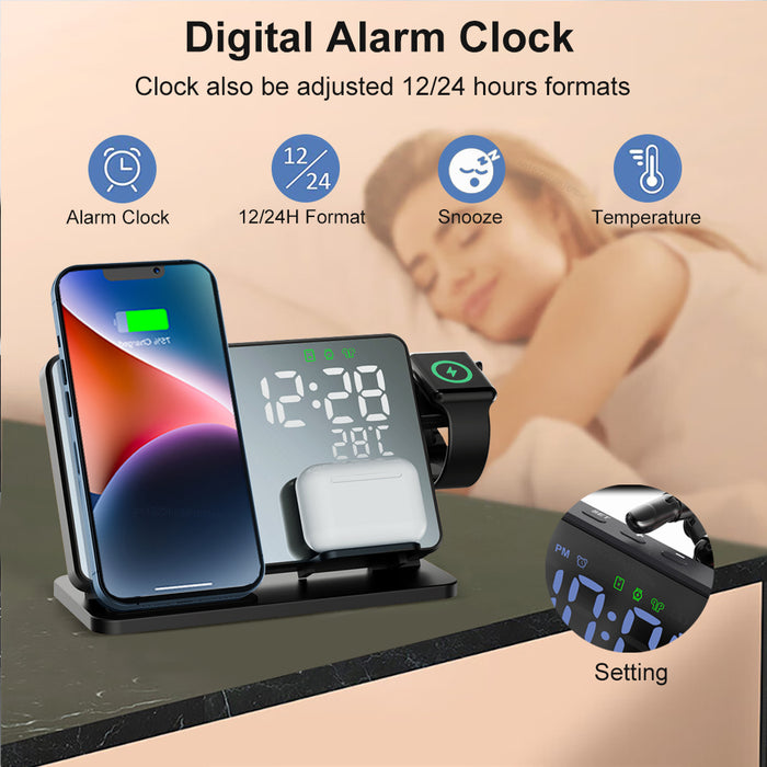 6 in 1 Wireless Charger Station with Alarm Clock Temperature Display for iPhone and Apple Watch and Airpods 2/3/Pro