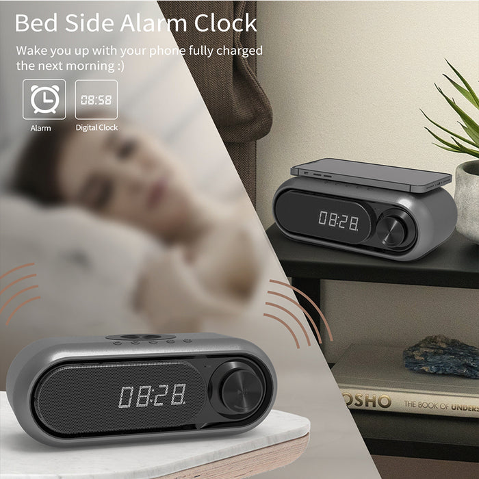 Alarm Clock with Wireless Charging FM Radio Bluetooth Speaker for iPhone and Android Phone Bedside Home