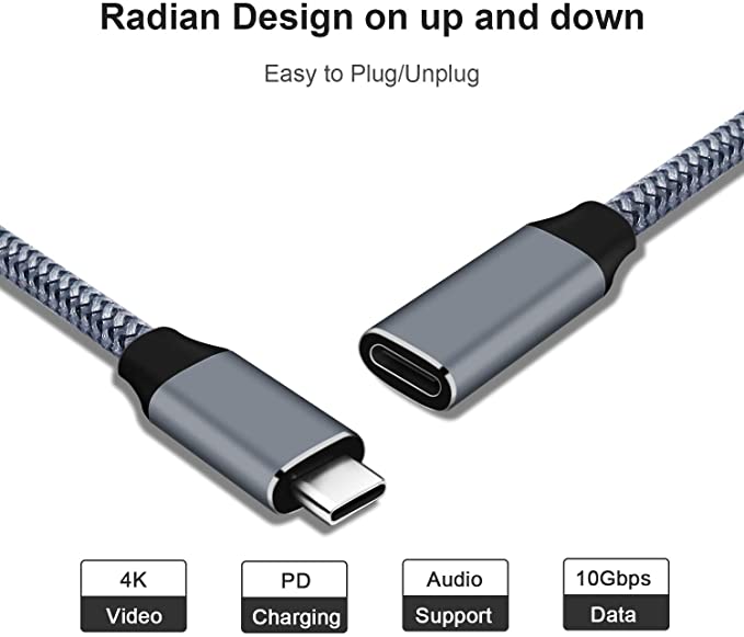 RAUGEE Data Cables USB C Charger Cable Extension Cable Type C Male to Female 1M Fast Charging for Apple iPhone Samsung