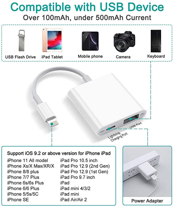 Adaptador de cámara con puerto de carga para iPhone/iPad OTG Flash Drive Card Reader