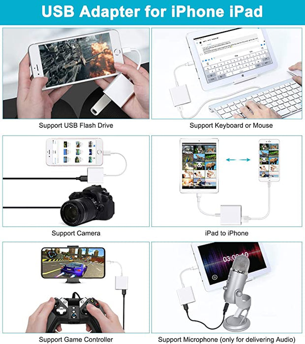 Kameraadapter mit Ladeanschluss für iPhone/iPad USB-OTG-Kabel Unterstützung USB-Flash-Laufwerk Kartenleser-Tastatur