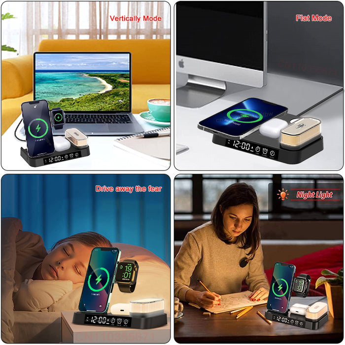 Veilleuse de station de charge rapide sans fil 5 en 1 avec réveil pour iPhone Apple Watch et Airpods 2/3/Pro