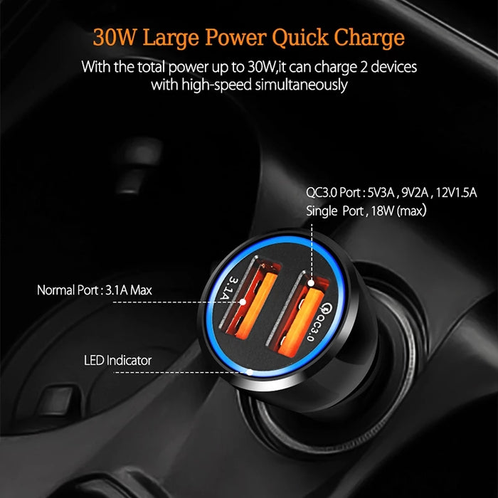 Chargeur de voiture double USB 30W QC 3.0 rapide Mini adaptateur allume-cigare pour iPhone 11 12 Pro Mini Max