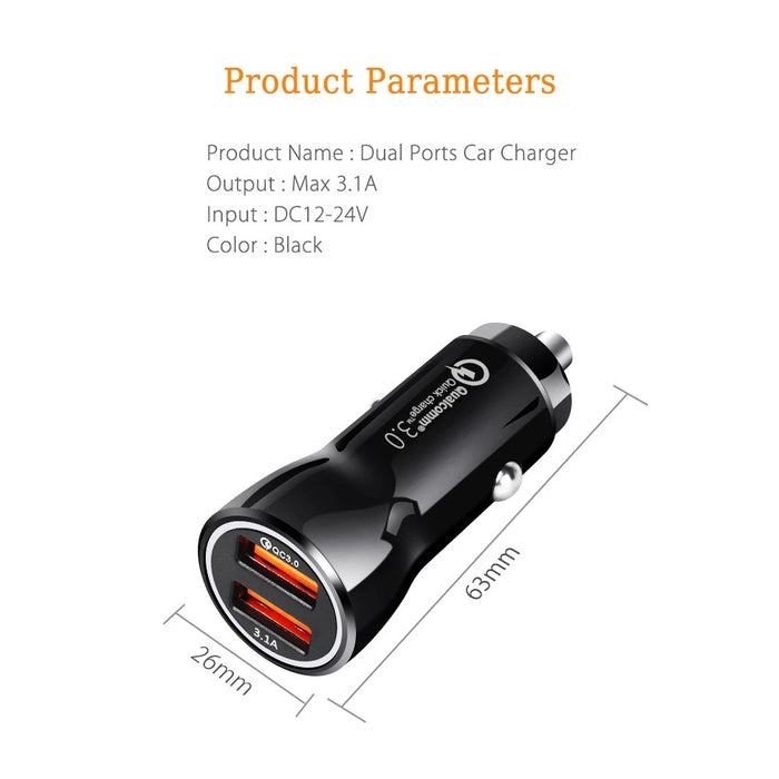 Dual USB Car Charger 30W QC 3.0 Fast Mini Cigarette Lighter Adapter for iPhone 11 12 Pro Mini Max