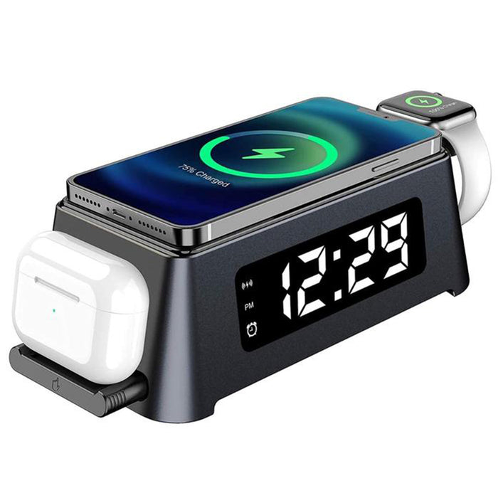 Horloge numérique LED avec station de charge sans fil 3 en 1 pour iPhone Airpods Pro Apple Watch